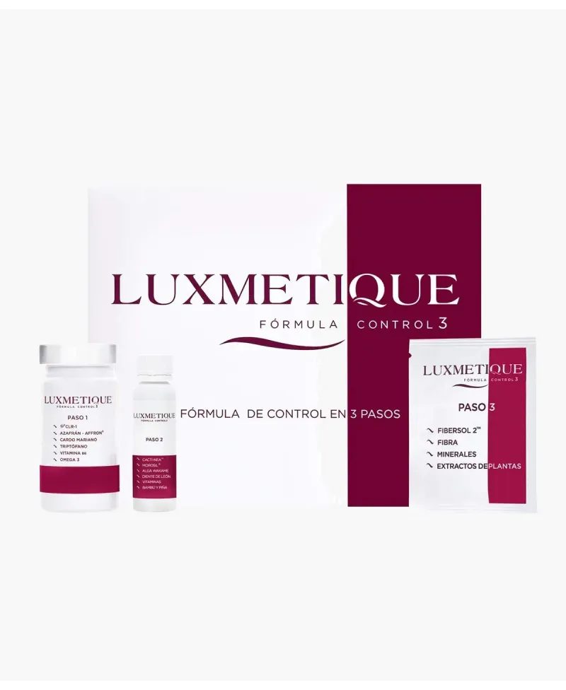 Luxmetique Fórmula Control 3: 15 Cápsulas + 15 Viales Bebiles + 15 Sobres