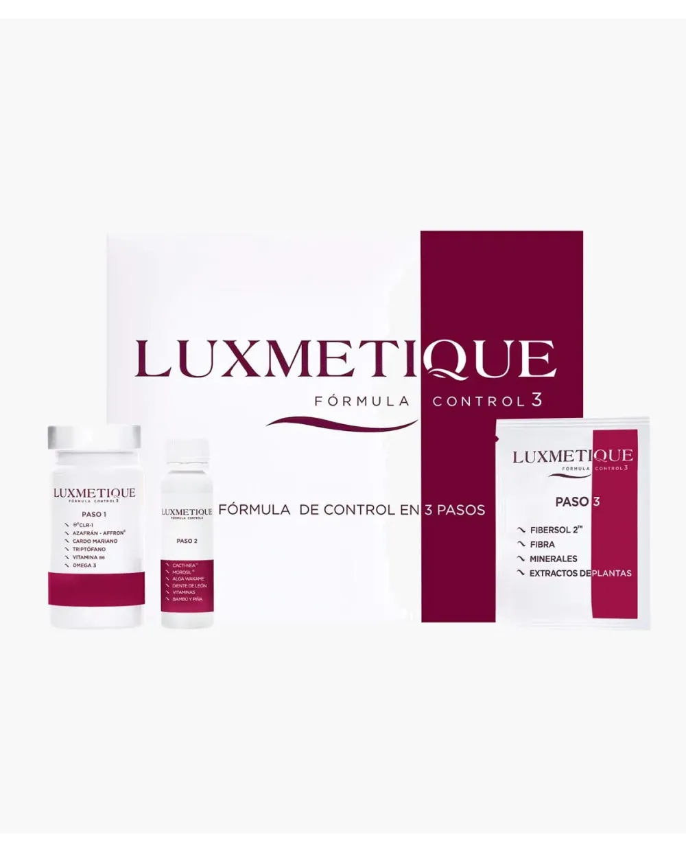 Luxmetique Fórmula Control 3: 15 Cápsulas + 15 Viales Bebiles + 15 Sobres